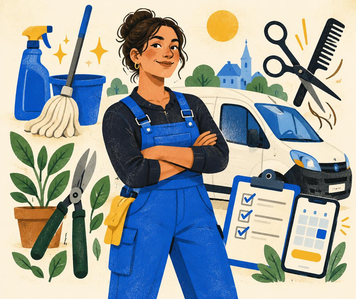 Illustration of a self-employed service business owner with cleaning, gardening and hairdressing tools